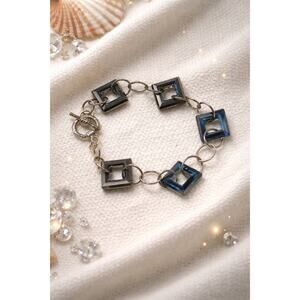 Vintage Art Deco Sterling Silver & Blue Glass Cabochon Bracelet